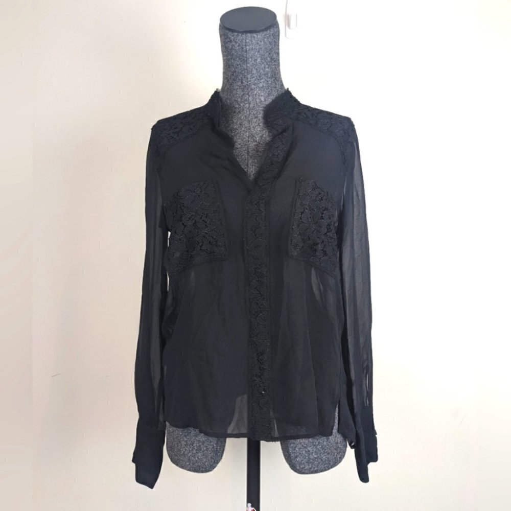 Bcbg black silky sheer & lace blouse size Small